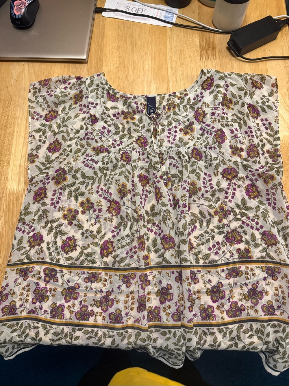 GAP Cream Short-Sleeve Floral Blouse with Purple & Olive Print